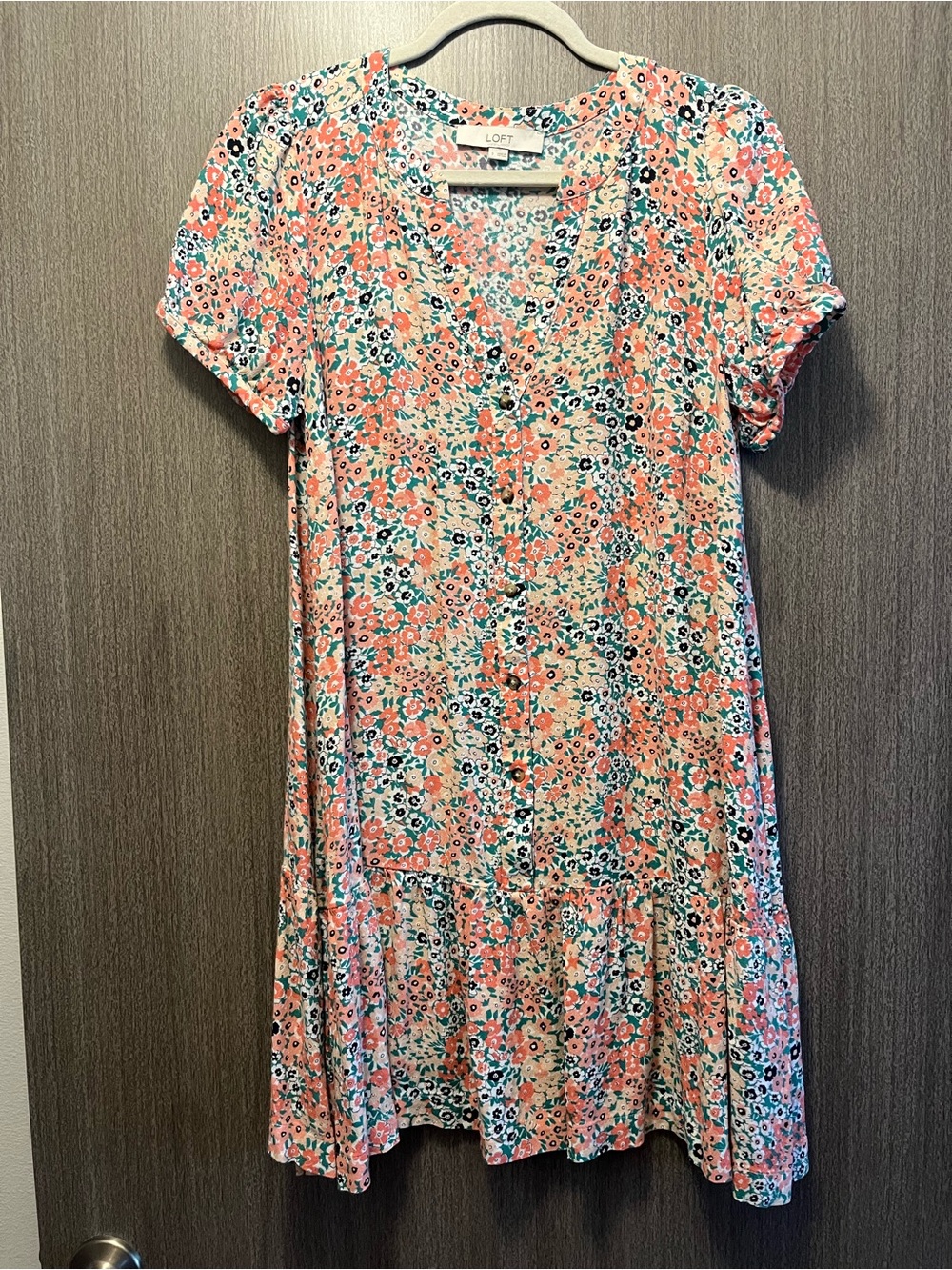 LOFT Coral Multi Floral V-Neck Short Sleeve Dress